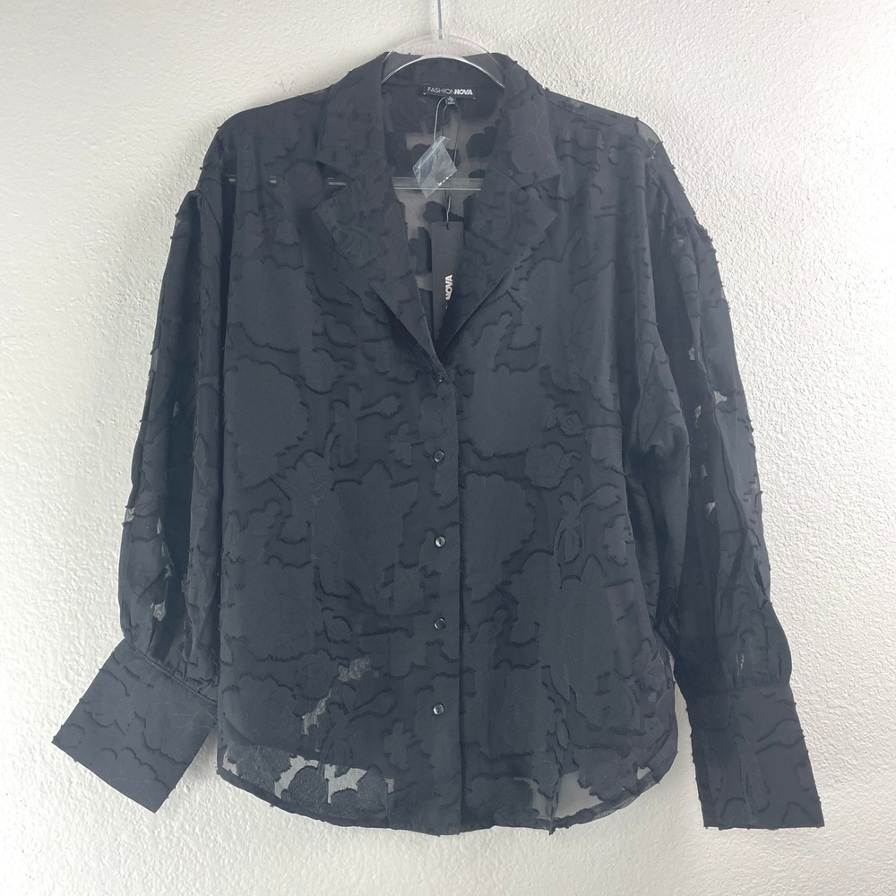 Fashion Nova Jacquard Shirt Womens XL Black Smell The Roses Sheer‎ Floral Blouse